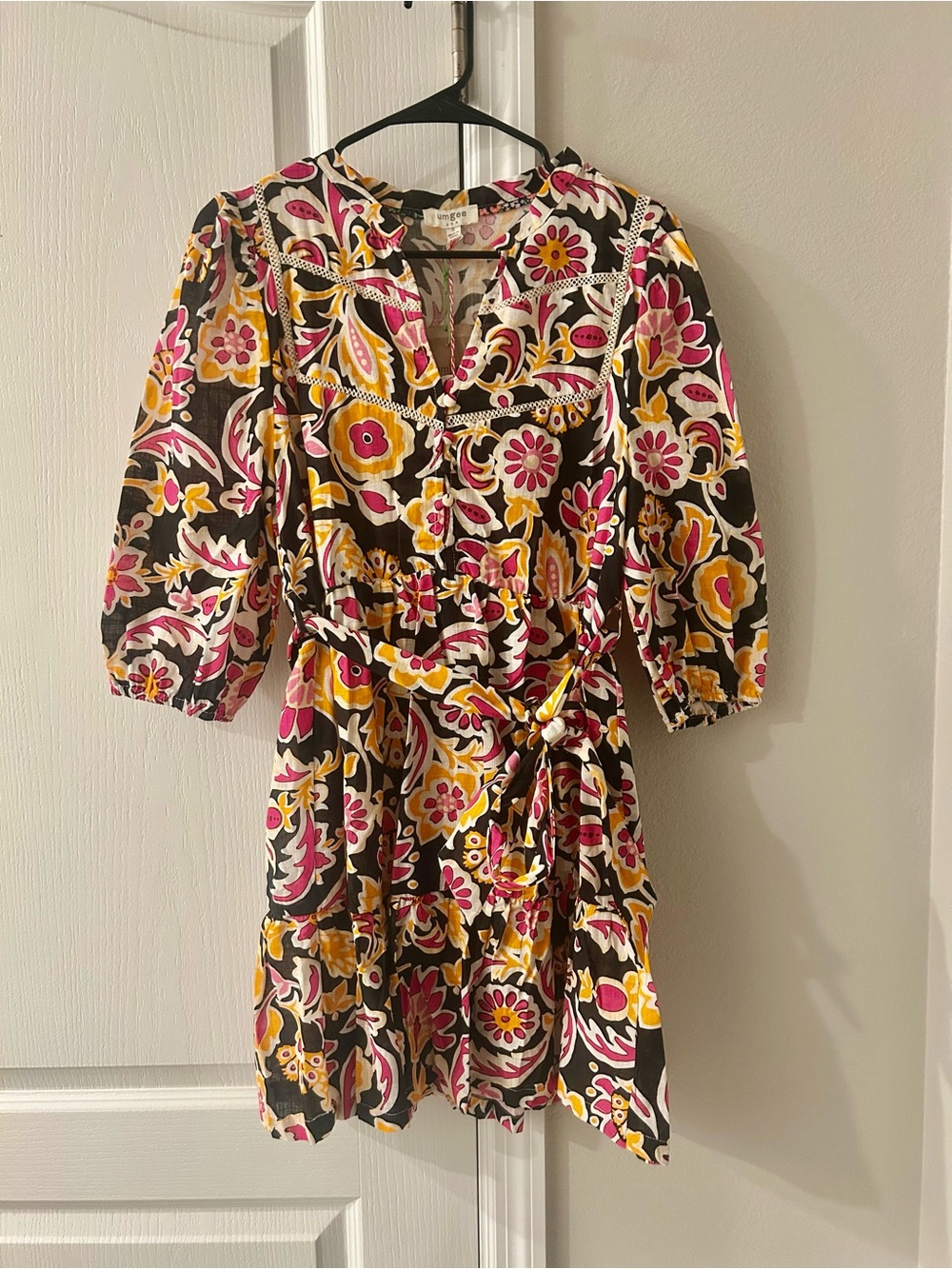 Umgee Women's Black Floral Print Dress with Tie Waist